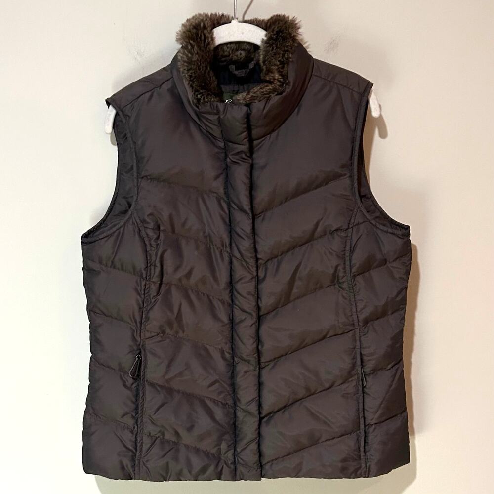Eddie Bauer Premium Goose Down Quilted Vest Size M Brown Faux Fur Collar